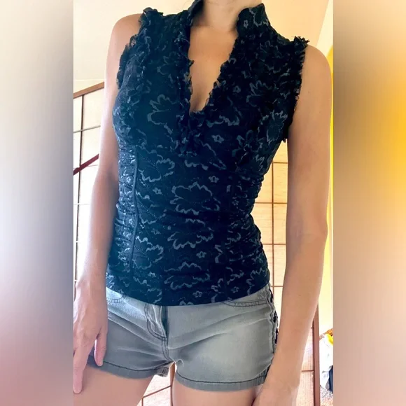 Xoxo y2k vintage black lace open front mandarin collar ruched tank top - Picture 2 of 8